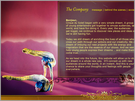 Cirque du Soleil, 2003 Website Pitch, detail of Company page